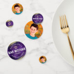 Photo Bar Mitzvah Purple Watercolor Gold Foil  Confetti<br><div class="desc">Add some extra style to your favourite Bar Mitzvah’s celebration party with this customizable table confetti! Metallic gold foil brush strokes and Star of David, along with bold, white typography, overlay a rich, dark purple ombre watercolor background on one side. Your Bar Mitzvah’s photo is on the other. Personalize the...</div>