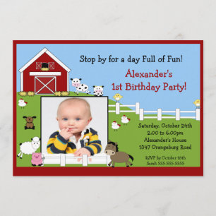 Photo Barn Animals Fun 1st Birthday Invitation