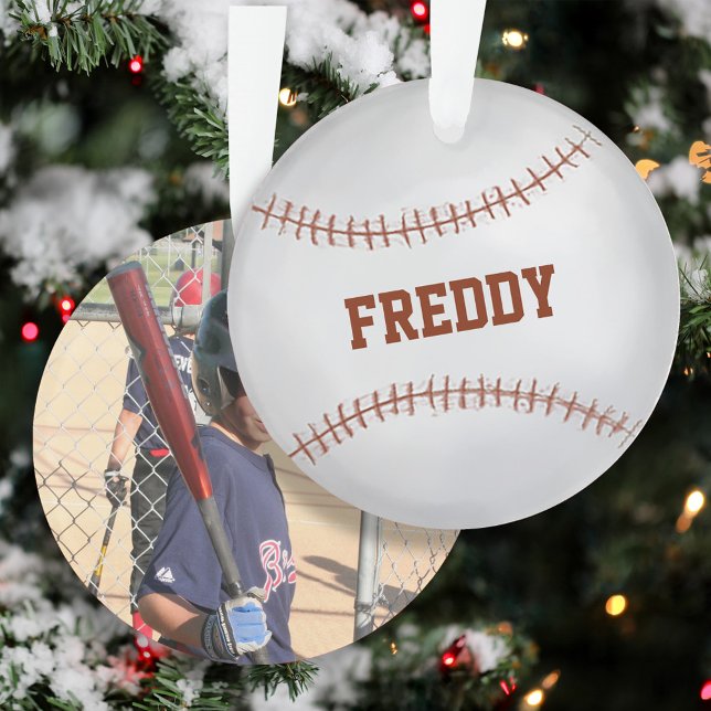 Photo Baseball Simple Typography  (Baseball keepsake Christmas photo ornament.)