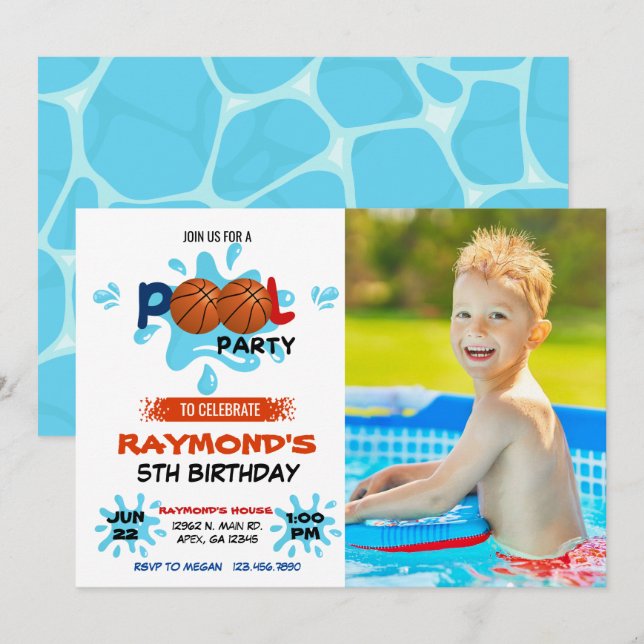 Photo Basketball Pool Party   Invitation (Front/Back)