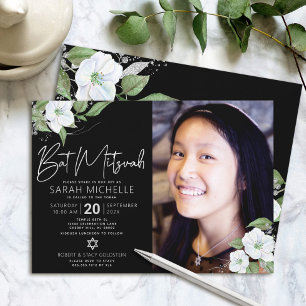 Photo Bat Mitzvah Black Silver Floral Watercolor Invitation