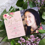Photo Bat Mitzvah Pink Floral Watercolor Script Invitation<br><div class="desc">Be proud, rejoice and showcase this milestone of your favourite Bat Mitzvah with this sophisticated, personalized photo invitation! A chic, stunning, pink and peach floral watercolor with faux gold foil script typography modern dusty rose and grey sans serif type overlays a soft pink & confetti dots background on the left...</div>