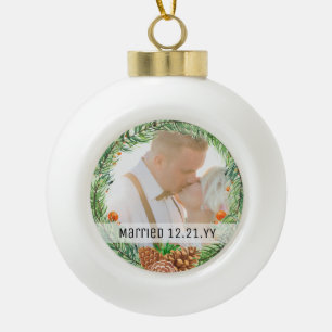 PHOTO BAUBLE - First Christmas Married or Engaged Ceramic Ball Christmas Ornament