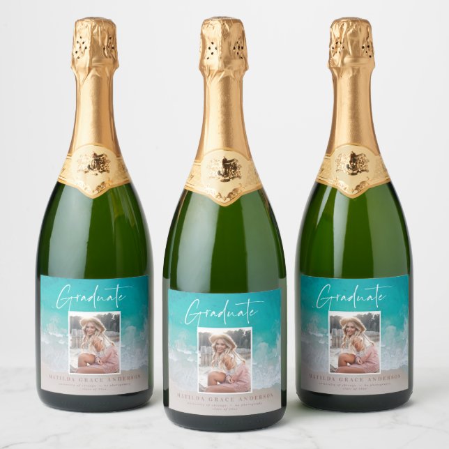 Photo beach ocean graduation party sparkling wine label (Bottles)
