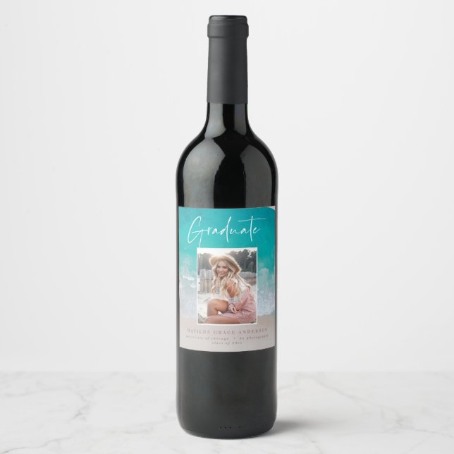 Photo beach ocean graduation party wine label (Front)