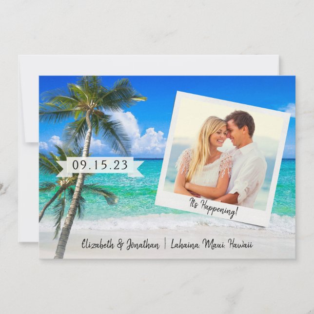 Photo Beach Palm Its Happening Destination Save The Date (Front)