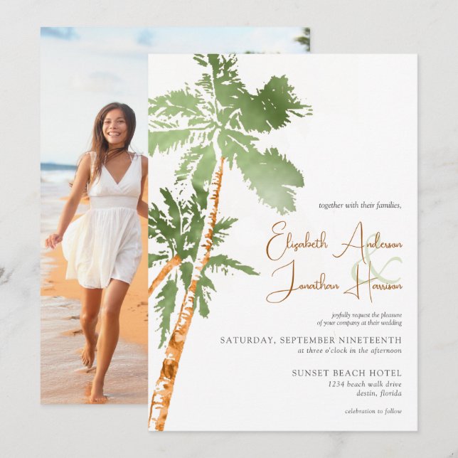 Photo Beach Palm Trees Destination Wedding Script Invitation (Front/Back)