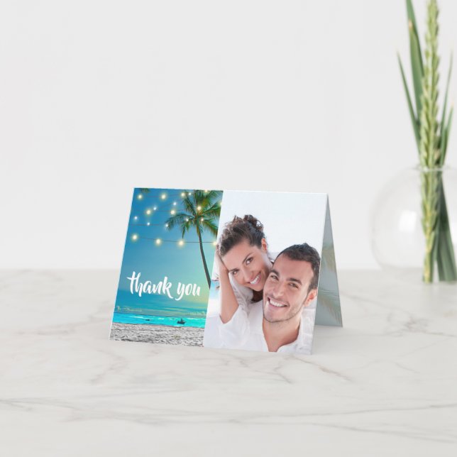 Photo Beach Palms String Lights Wedding Thank You (Front)