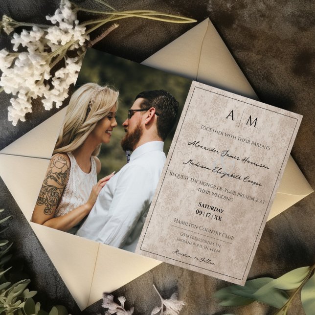 Photo Beige Damas Faire-part de mariage (Beige Photo Damask Monogram Wedding Invitation)