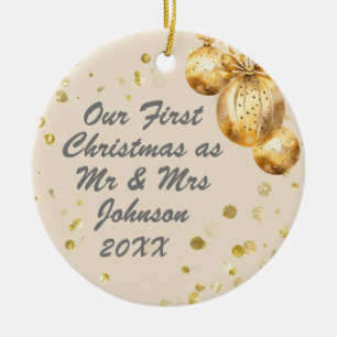 Photo Beige Gold First Christmas Mr Mrs Ceramic Ornament