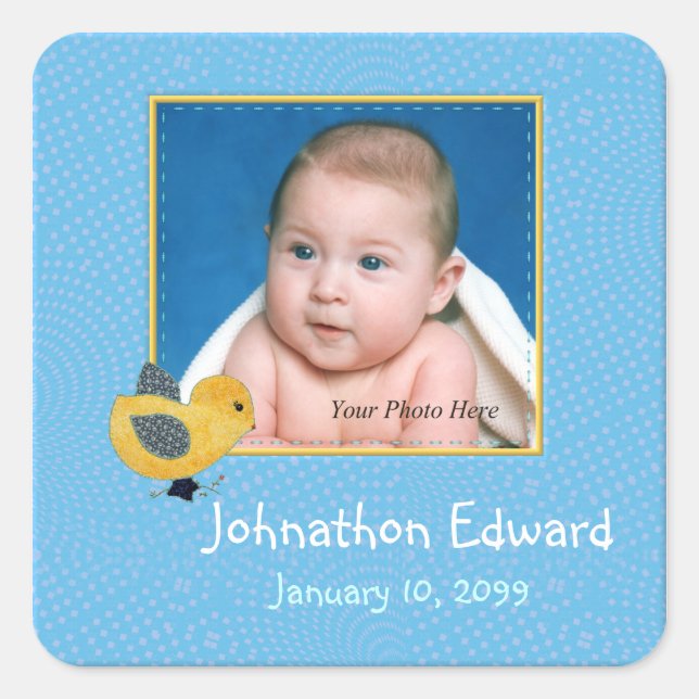 Photo Birth Annoucement Cute Baby Chick Square Sticker (Front)