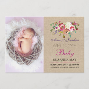 Photo Birth Announcement Baby Girl Stats Burlap