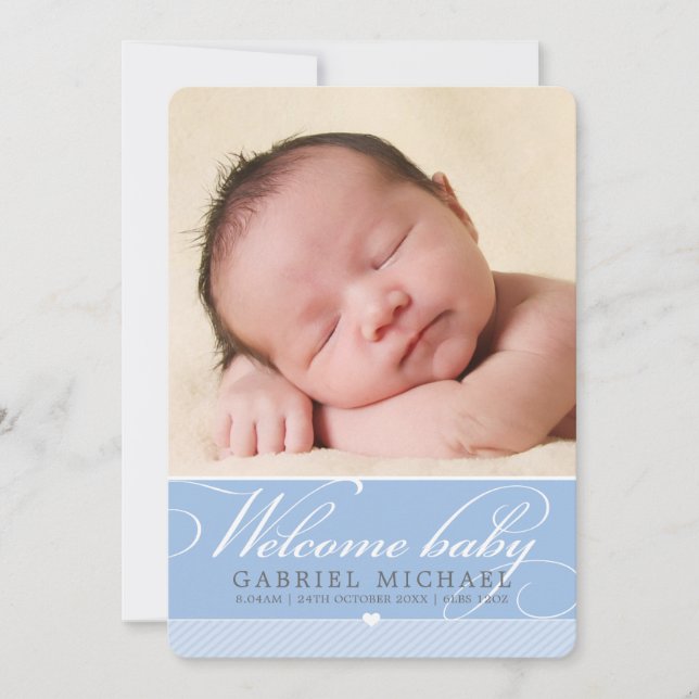PHOTO BIRTH ANNOUNCEMENT baby lovely script blue (Front)