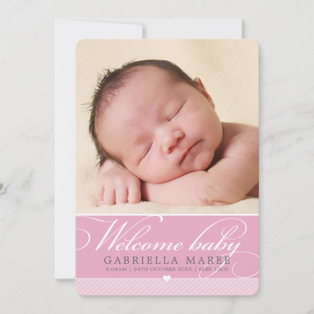 PHOTO BIRTH ANNOUNCEMENT baby lovely script pink (Front)