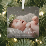 Photo Birth Announcement Babys First Christmas Metal Ornament<br><div class="desc">Modern birth announcement Christmas ornament featuring two of your favourite photos and elegant typography. The front side has baby's name in a large format white handwriting font over your favourite full bleed photo. The backside has the second picture along with baby's birth stats in black over a white background. This...</div>