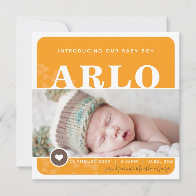 PHOTO BIRTH ANNOUNCEMENT heart spot orange botanic (Front)