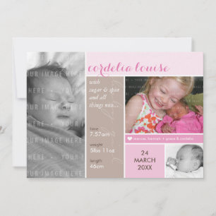 PHOTO BIRTH ANNOUNCEMENT mondrian girl pink