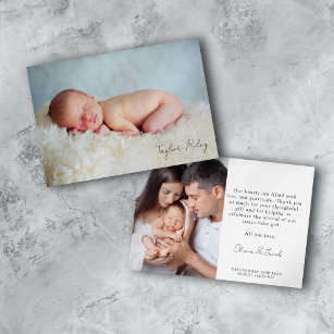 Photo Birth Stats Calligraphy Name New Baby  Thank You Card