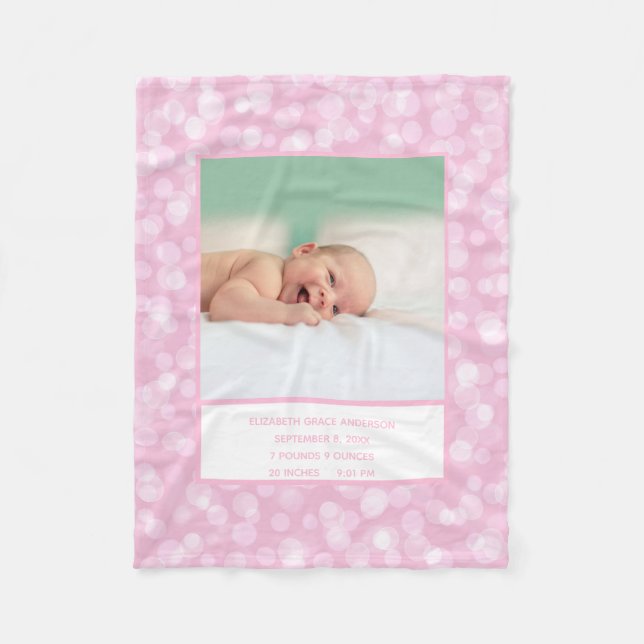 Photo Birth Stats Pink White Gift for Baby Girl  Fleece Blanket (Front)