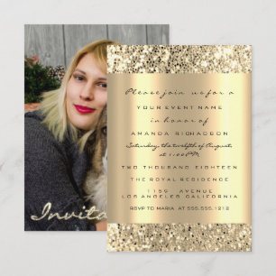 Photo Birthday Champagne Gold Spark Glitter Invitation