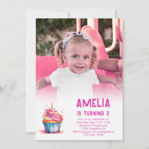 Photo Birthday Invite Girl Pink Cupcake Invitation