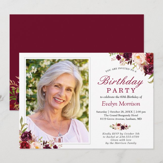 Photo Birthday Party Burgundy Red Blush Floral Invitation (Front/Back)
