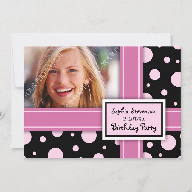 Photo Birthday Party Invitation Pink Black Dots (Front)