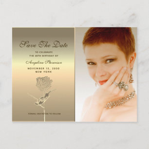 Photo Birthday Rose Flower Gold Announcement Postcard