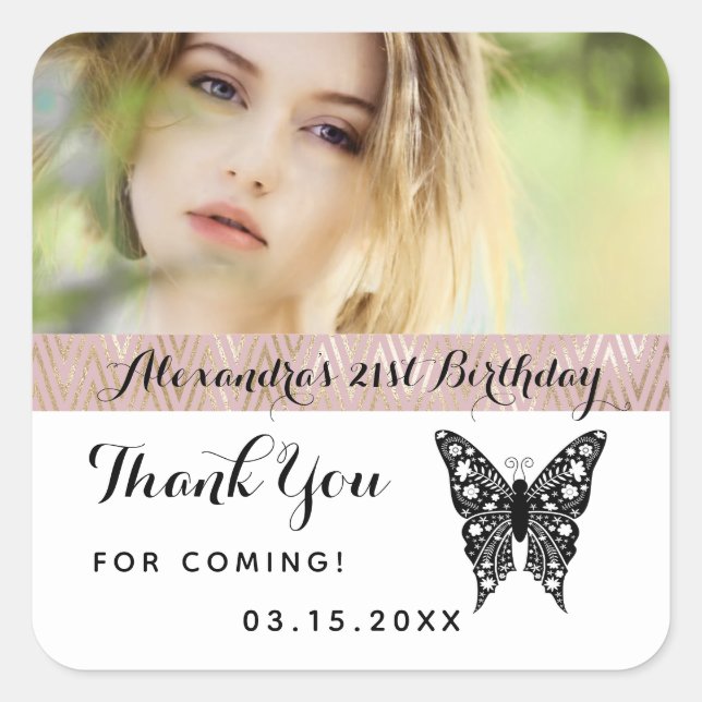 Photo Birthday Thank You Butterfly Square Sticker (Front)