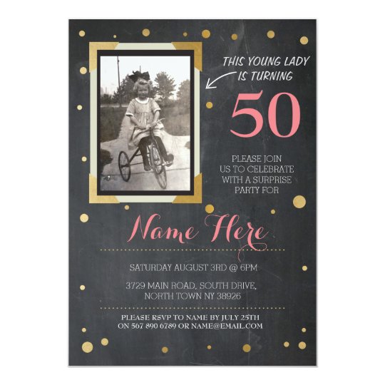Photo Birthday Vintage Style Chalk Gold Invitation