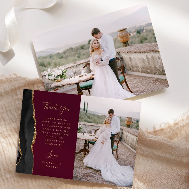 Photo Black Agate Gold Script Burgundy Wedding Thank You Card (Creator Uploaded)