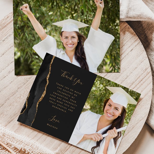 Photo Black Agate Gold Script Dark Graduation Thank You Card (Creator Uploaded)