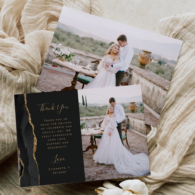 Photo Black Agate Gold Script Wedding Thank You Card (Creator Uploaded)