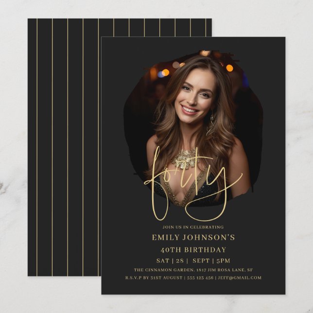 Photo Black and Gold Script 40th Birthday Invitation (Front/Back)