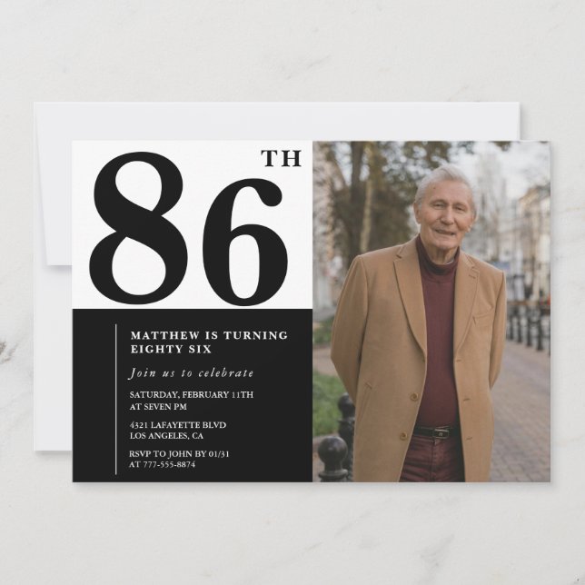 Photo Black and White 86th Birthday Invitation (Front)