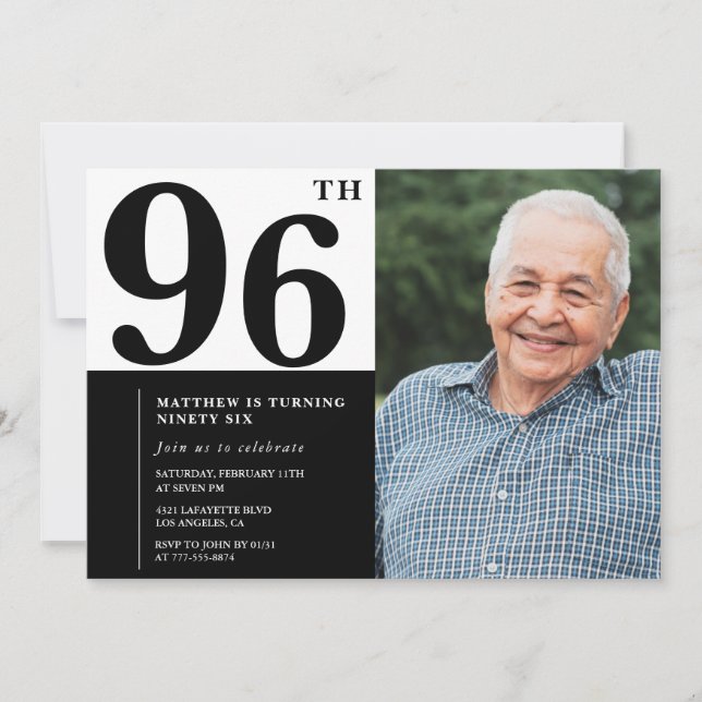 Photo Black and White 96th Birthday Invitation (Front)