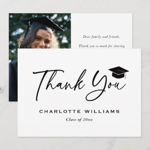 Photo Black and White Graduation Cap Modern Thank You Card