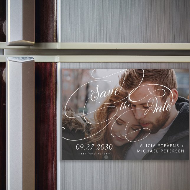 Photo black and white script wedding save the date magnetic invitation (Creator Uploaded)