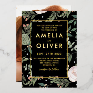 Photo Black Blush Floral Wedding Gold Foil