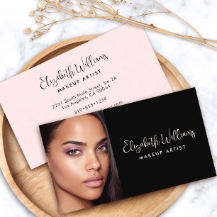 Photo Black Blush Pink Script Makeup Artist Modern Business Card