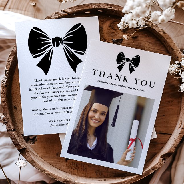 Photo Black Bow Graduation Party  Thank You Card (Creator Uploaded)