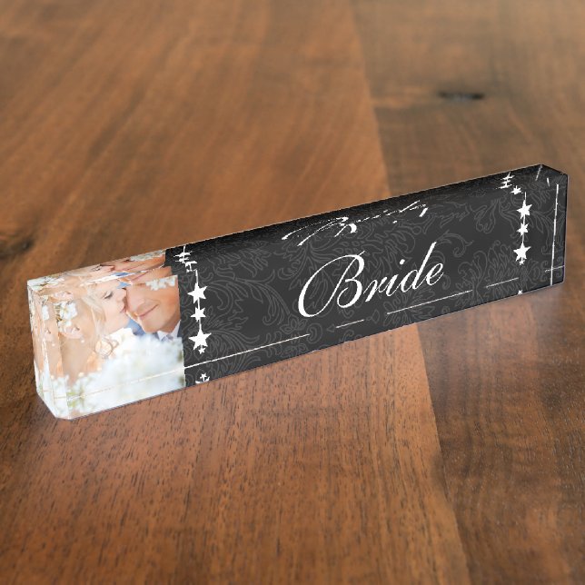 Photo Black Damask Bride Love Bird Wedding Nameplate (Side)