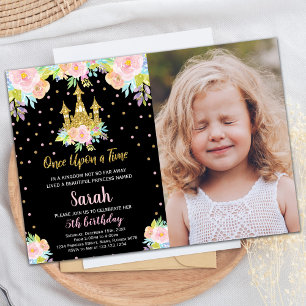 Photo Black Floral Glitter Princess Birthday Invitation
