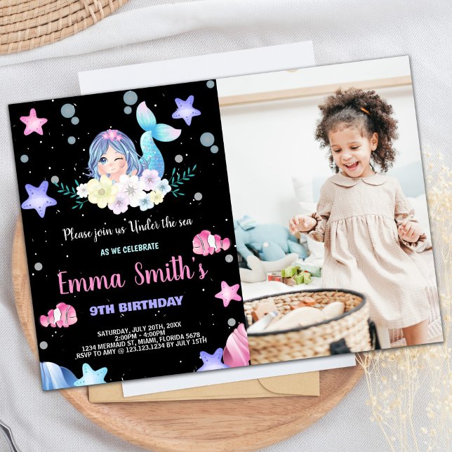 Photo Black Floral Under the sea Mermaid Birthday Invitation (Photo Black Floral Under the sea Mermaid Birthday Invitation)
