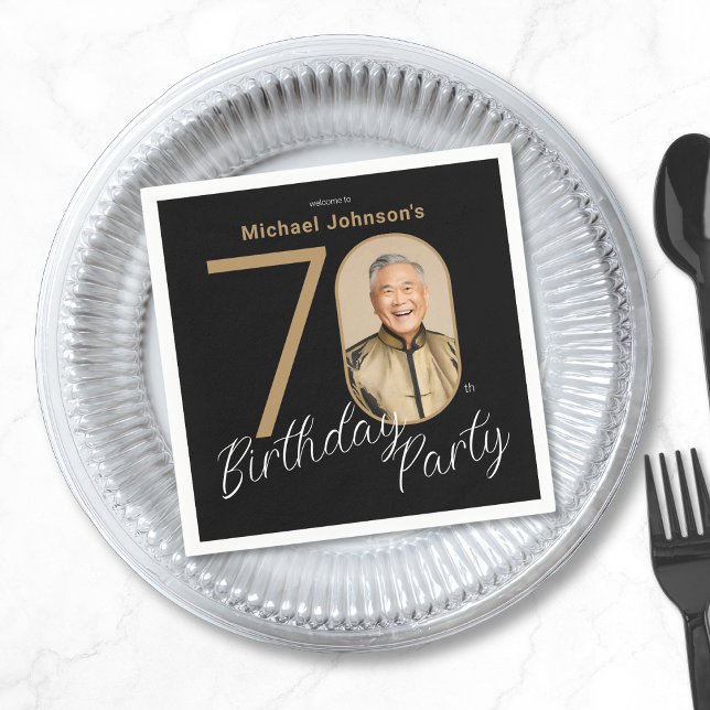 Photo Black Gold 70th Birthday  Napkin (Photo Black Gold 70th Birthday Napkins)