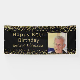 Photo Black Gold 80th Birthday Personalized Banner