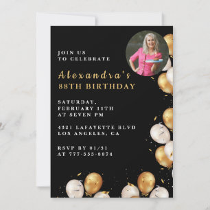 Photo Black Gold Balloon 88th birthday Invitation