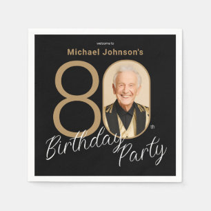 Photo Black Gold Elegant Custom 80th Birthday Napkin