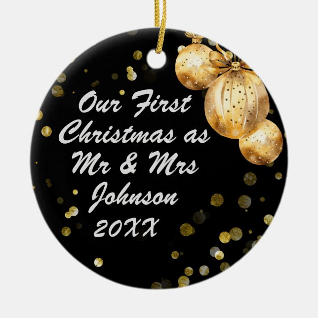 Photo Black Gold First Christmas Mr Mrs Ceramic Ornament (Front)