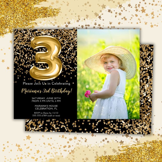 Photo Black Gold Girl 3ème anniversaire Invitation (Créateur téléchargé)